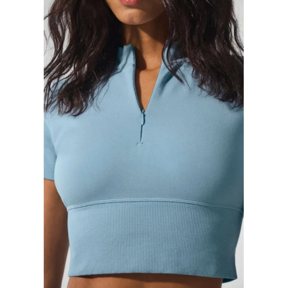 Alo Seamless Winter Warm Plush Cropped Short Sleeve Celestial Blue Zip-Up Henley